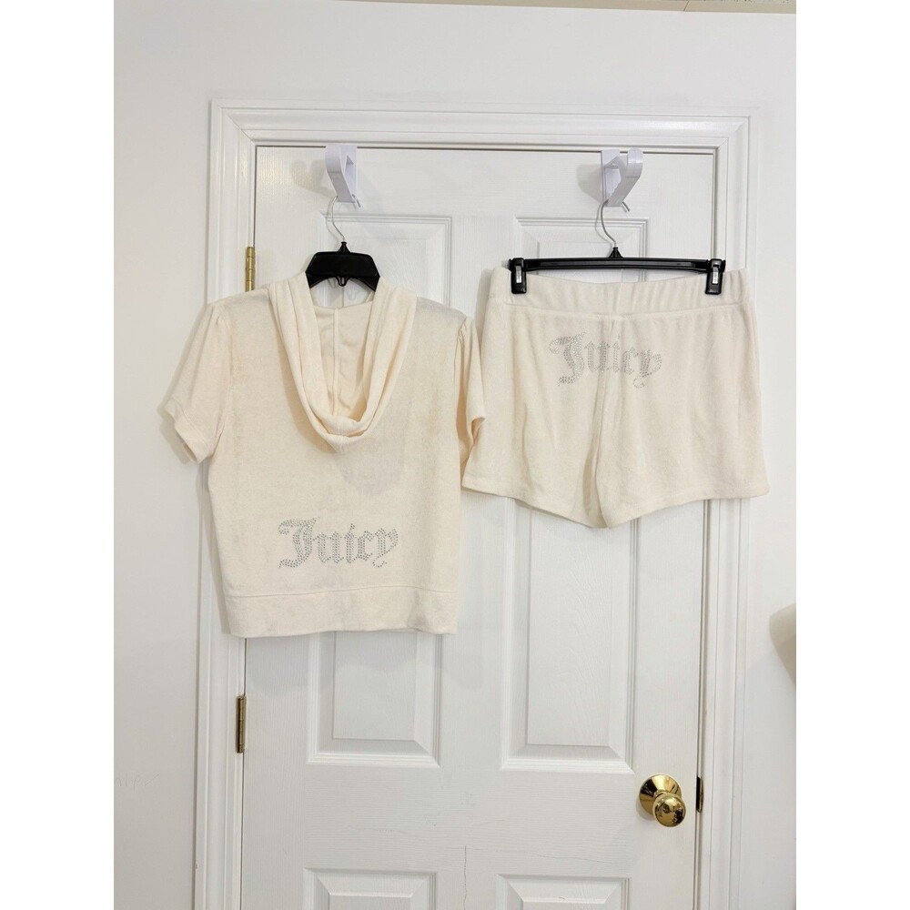 Juicy Couture Oyster Terry Cloth Short Sleeve Hoodie and Shorts Set Size L New